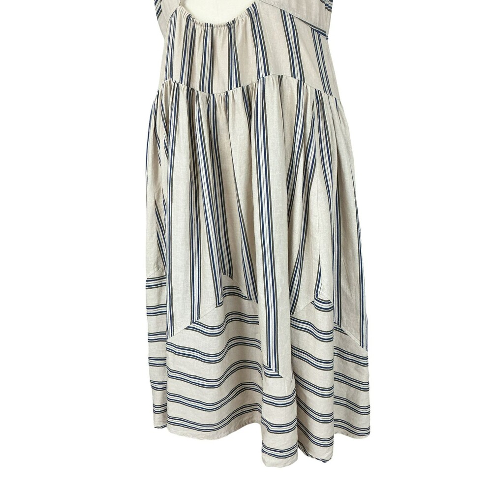 Anthropologie Plenty Linen Fit & Flare Midi Dress L Beige Striped Cutout Tiered - Picture 7 of 16